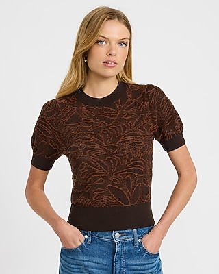Cotton Contrast Floral Crew Neck Puff Sleeve Sweater