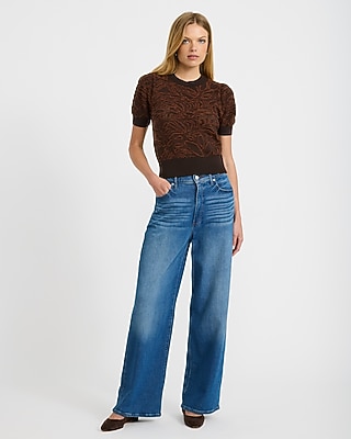 Cotton Contrast Floral Crew Neck Puff Sleeve Sweater