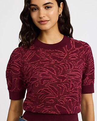 Cotton Contrast Floral Crew Neck Puff Sleeve Sweater - thumbnail 7