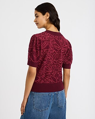 Cotton Contrast Floral Crew Neck Puff Sleeve Sweater - thumbnail 8