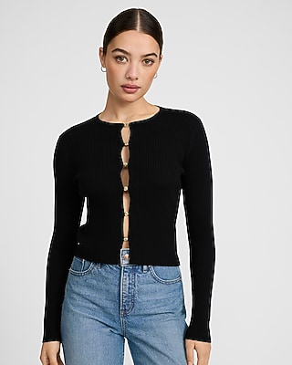 Airy Soft Fitted Ribbed Open Front Hardware Sweater