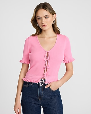 Tie Front Cutout Short Sleeve Sweater