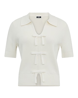 Cotton Collared V-Neck Bow Front Short Sleeve Sweater