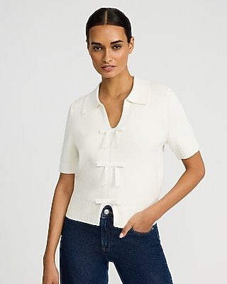 Cotton Collared V-Neck Bow Front Short Sleeve Sweater