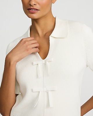 Cotton Collared V-Neck Bow Front Short Sleeve Sweater