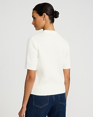 Cotton Collared V-Neck Bow Front Short Sleeve Sweater