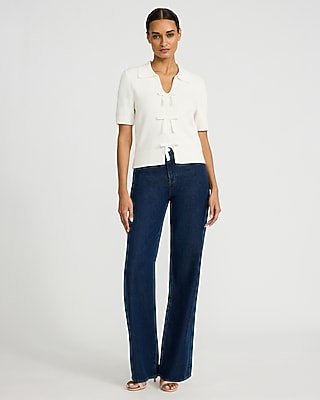 Cotton Collared V-Neck Bow Front Short Sleeve Sweater