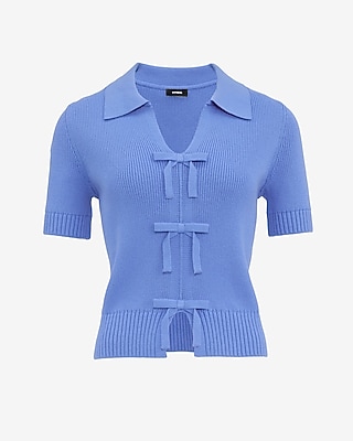 Cotton Collared V-Neck Bow Front Short Sleeve Sweater