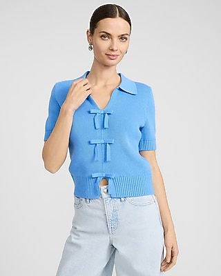 Cotton Collared V-Neck Bow Front Short Sleeve Sweater