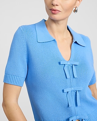 Cotton Collared V-Neck Bow Front Short Sleeve Sweater