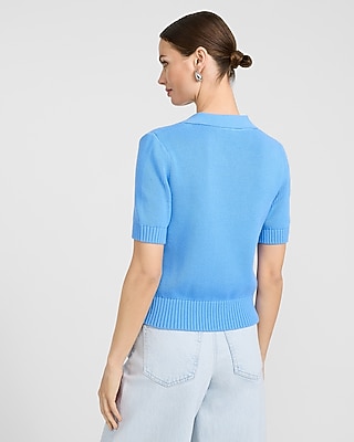 Cotton Collared V-Neck Bow Front Short Sleeve Sweater