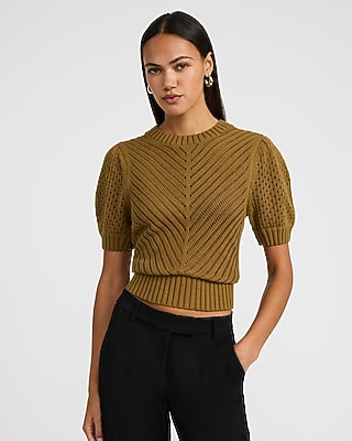 Cotton Open Stitch Crew Neck Short Sleeve Sweater