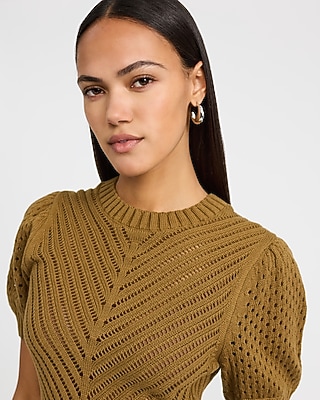 Cotton Open Stitch Crew Neck Short Sleeve Sweater