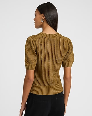 Cotton Open Stitch Crew Neck Short Sleeve Sweater