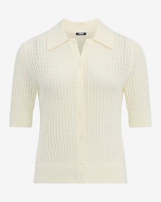 Pointelle Cable Knit Short Sleeve Sweater Polo