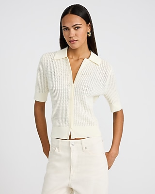 Pointelle Cable Knit Short Sleeve Sweater Polo