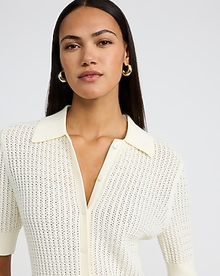 Pointelle Cable Knit Short Sleeve Sweater Polo