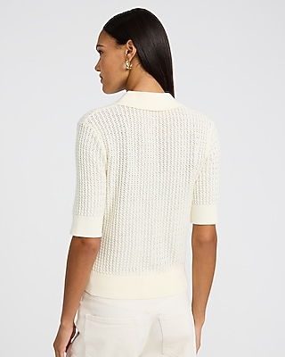 Pointelle Cable Knit Short Sleeve Sweater Polo