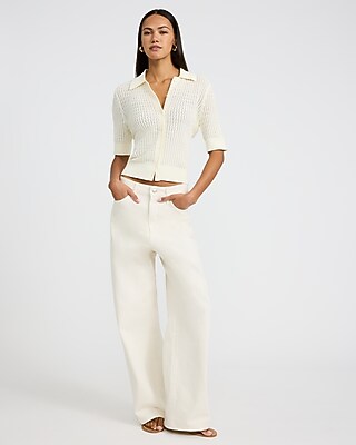 Pointelle Cable Knit Short Sleeve Sweater Polo