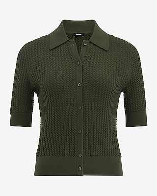 Pointelle Cable Knit Short Sleeve Sweater Polo