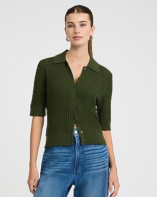 Pointelle Cable Knit Short Sleeve Sweater Polo