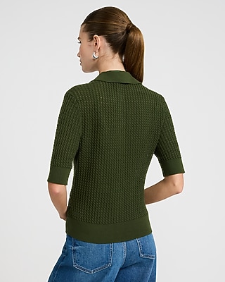 Pointelle Cable Knit Short Sleeve Sweater Polo