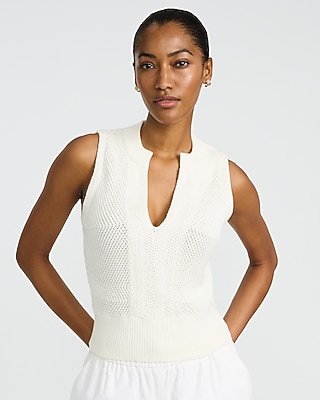 Cotton Textured Notch Crew Neck Sweater Tank