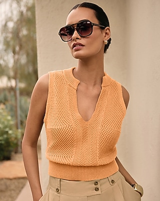 Cotton Textured Notch Crew Neck Sweater Tank