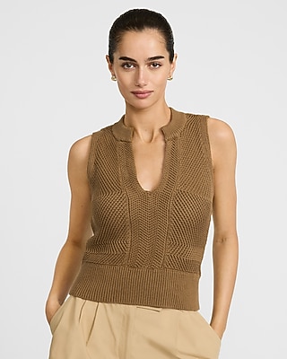 Cotton Textured Notch Crew Neck Sweater Tank | Express