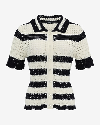 Striped Open Stitch Crochet Short Sleeve Cardigan