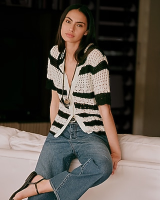 Striped Open Stitch Crochet Short Sleeve Cardigan