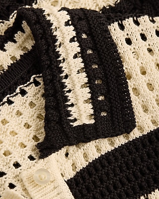 Striped Open Stitch Crochet Short Sleeve Sweater Polo