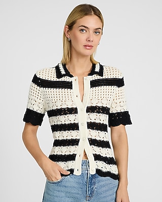 Striped Open Stitch Crochet Short Sleeve Sweater Polo