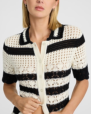 Striped Open Stitch Crochet Short Sleeve Sweater Polo