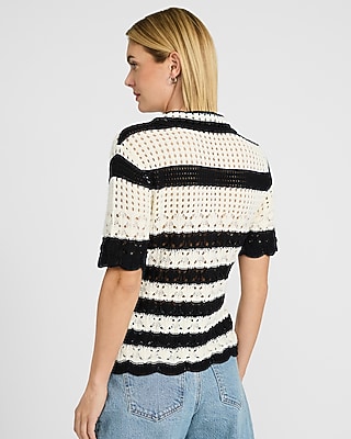 Striped Open Stitch Crochet Short Sleeve Sweater Polo