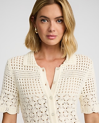 Open Stitch Crochet Short Sleeve Sweater Polo | Express