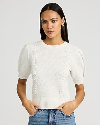 Cotton Textured Crew Neck Puff Sleeve Sweater | Express