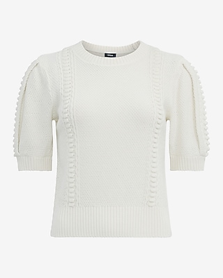 Cotton Textured Crew Neck Puff Sleeve Sweater