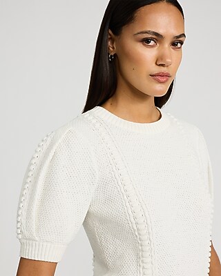 Cotton Textured Crew Neck Puff Sleeve Sweater