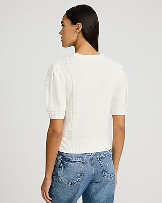 Cotton Textured Crew Neck Puff Sleeve Sweater