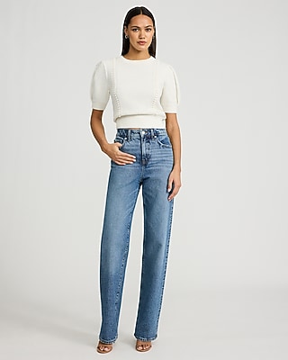 Cotton Textured Crew Neck Puff Sleeve Sweater