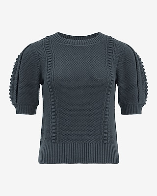 Cotton Textured Crew Neck Puff Sleeve Sweater