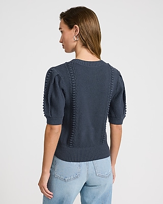 Cotton Textured Crew Neck Puff Sleeve Sweater