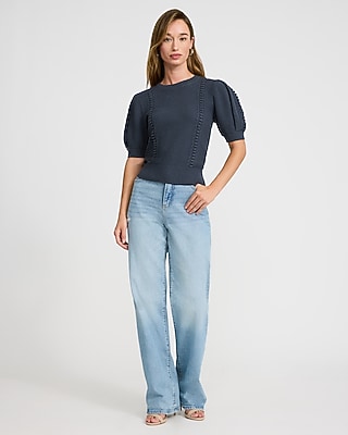 Cotton Textured Crew Neck Puff Sleeve Sweater