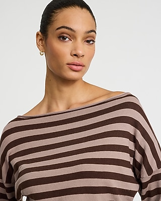 Striped Boat Neck Banded Bottom Sweater