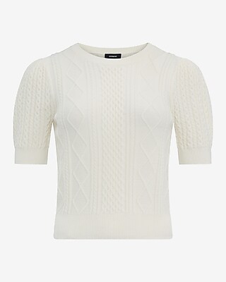 Cable Knit Crew Neck Puff Sleeve Sweater