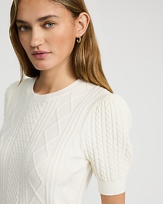 Cable Knit Crew Neck Puff Sleeve Sweater
