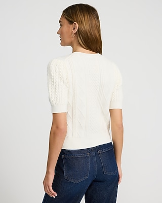 Cable Knit Crew Neck Puff Sleeve Sweater