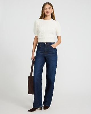 Cable Knit Crew Neck Puff Sleeve Sweater