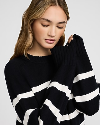 Plush Airy Soft Striped Crew Neck Wide Sleeve Sweater
